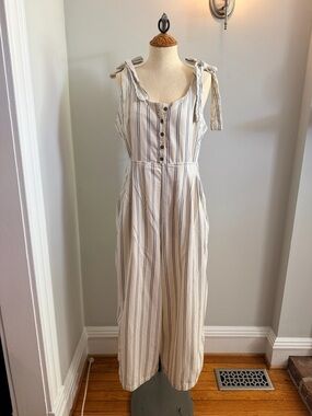 Free People Cream and Navy Striped Tie-Shoulder Jumpsuit